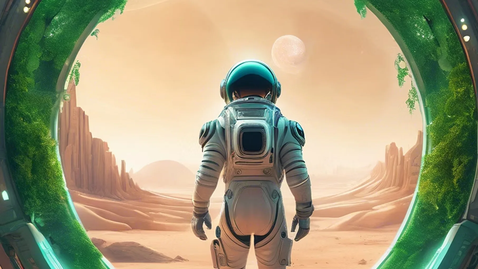Astronautti katsoo vierasta maisemaa