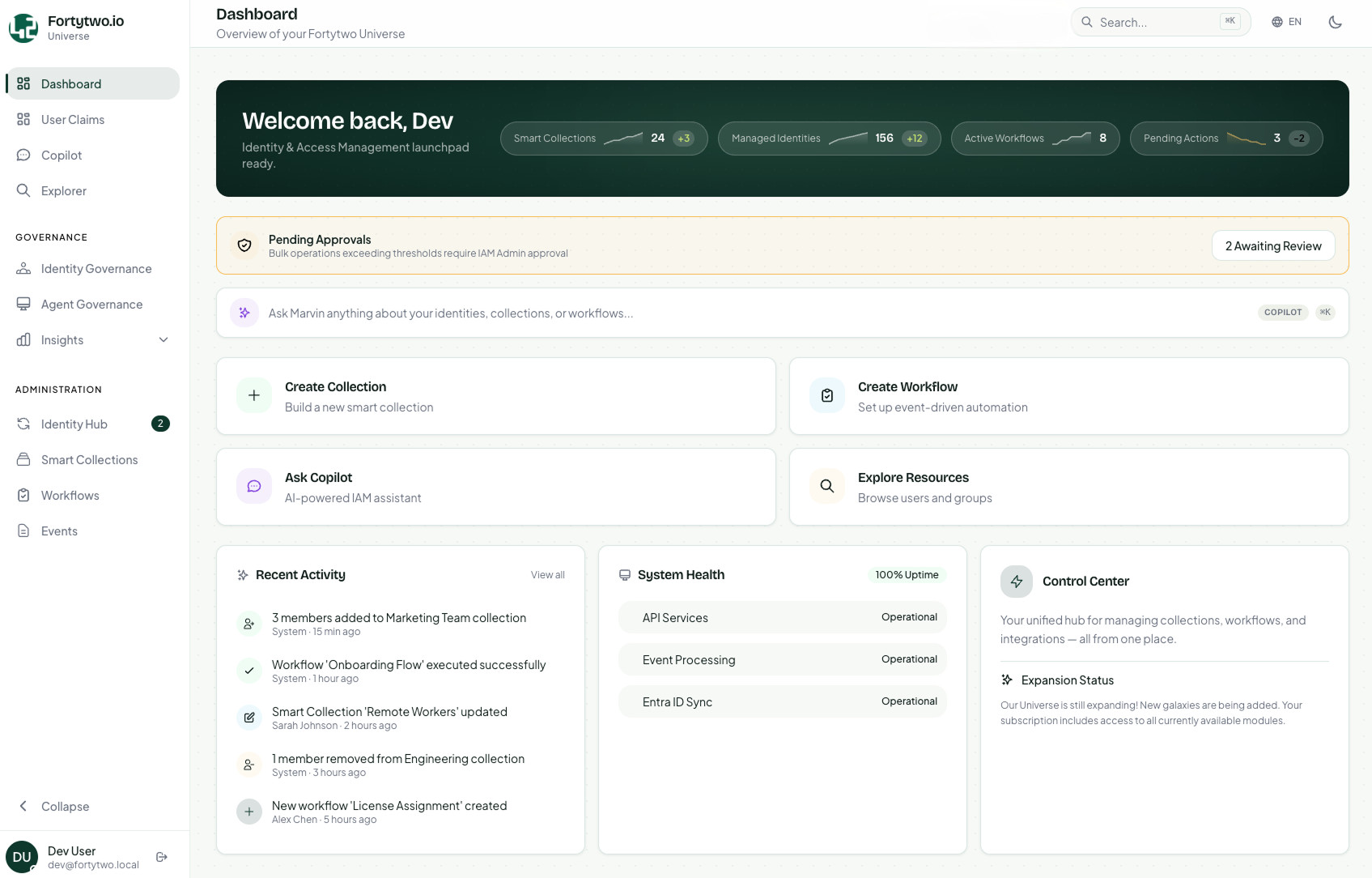 FortyTwo Universe dashboard overview