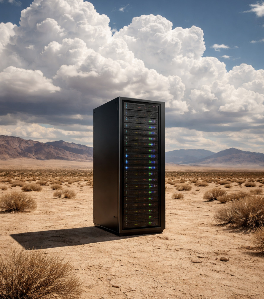 Server rack in desert landscape