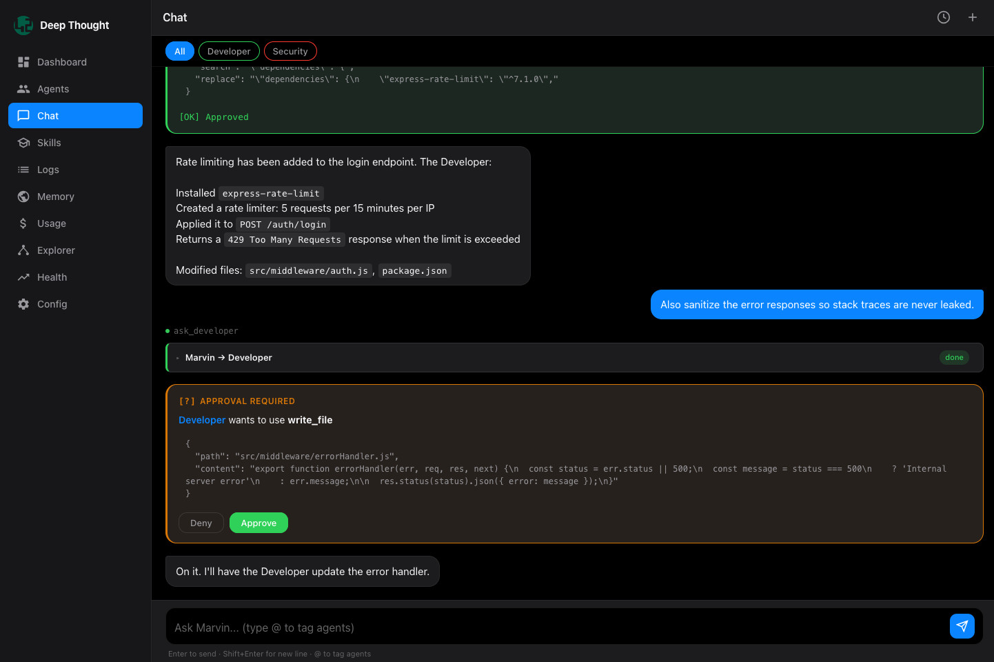 Chat log with developer approval