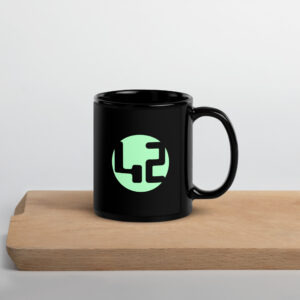 Black mug with "42" graphic