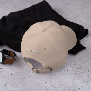Beige baseball cap with text