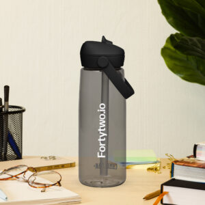 Grey water bottle with straw