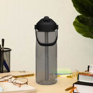 Grey water bottle with straw