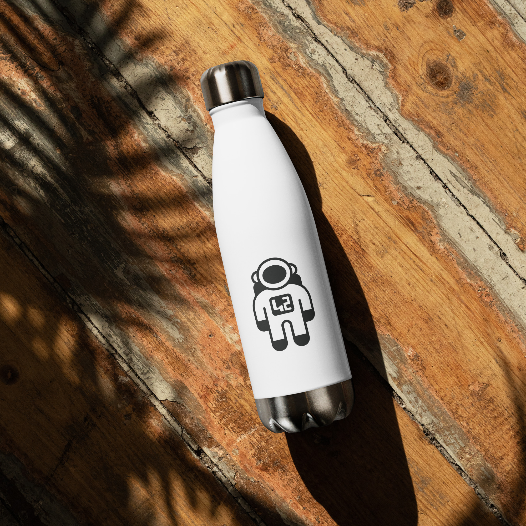 fortytwo.io & novi stainless steel water bottle White water bottle with astronaut.