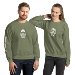 Astronaut graphic sweatshirts worn by couple