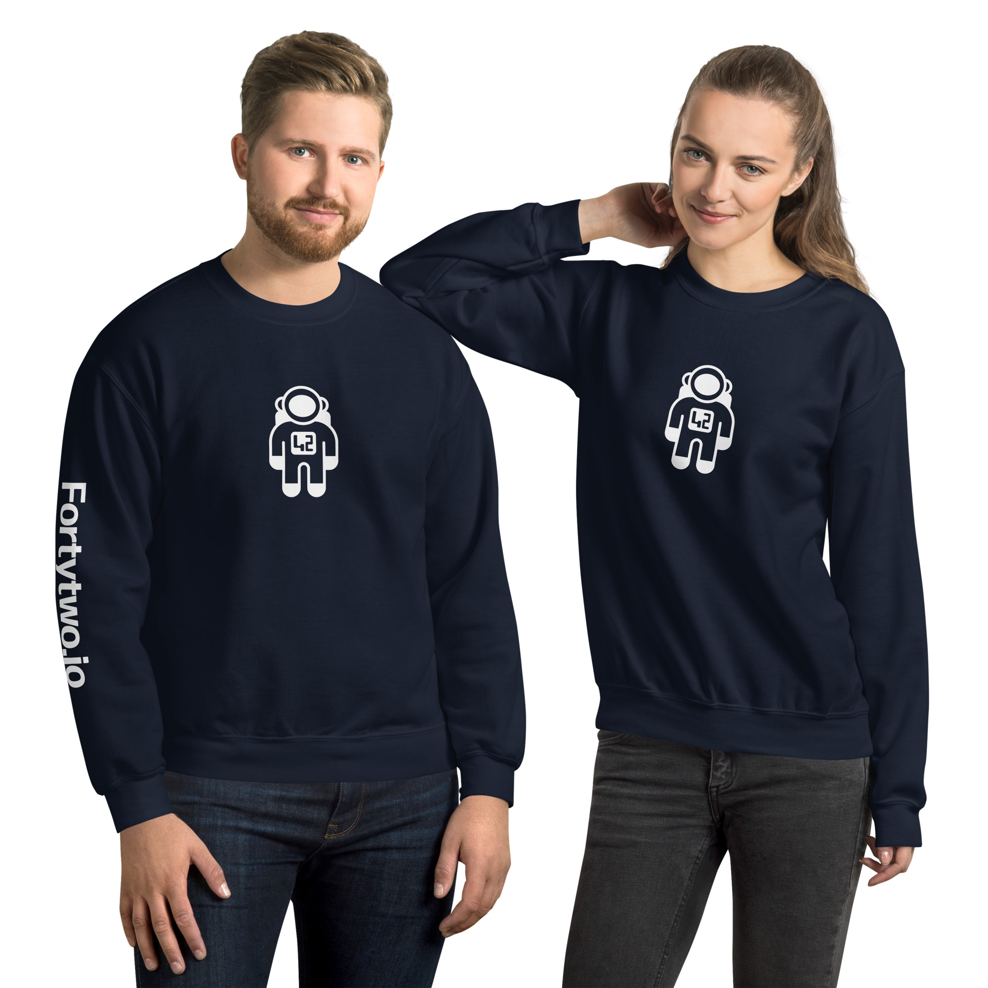 novi unisex sweatshirt (dark) Astronaut couple wearing matching sweatshirts.