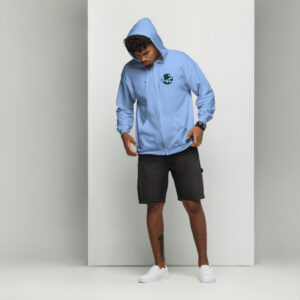 Man in light blue zip-up hoodie