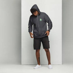 Man in dark gray zip-up hoodie