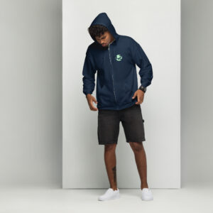Man in navy zip-up hoodie