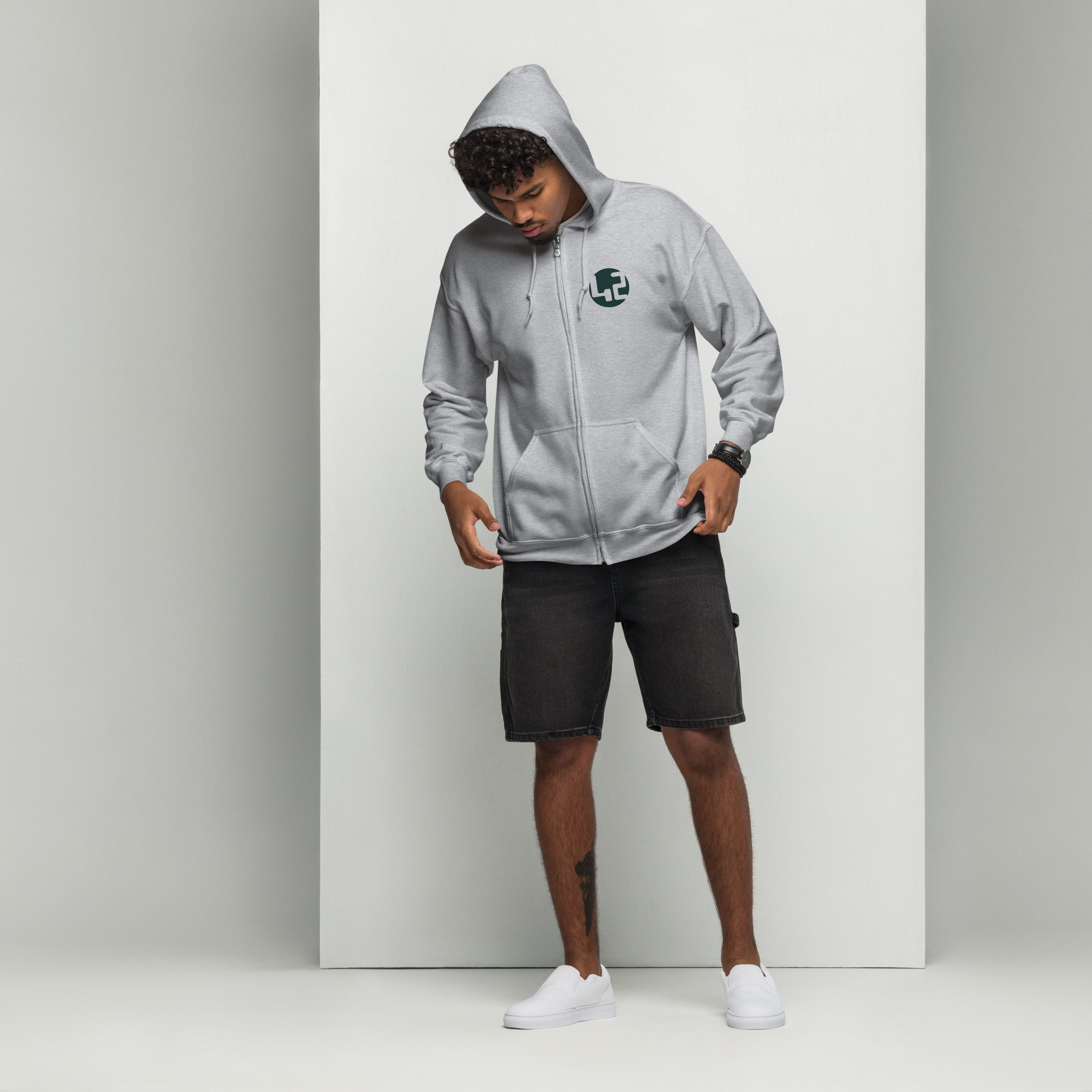 unisex heavy blend zip hoodie Man in grey zip hoodie