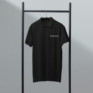 Black polo shirt with text