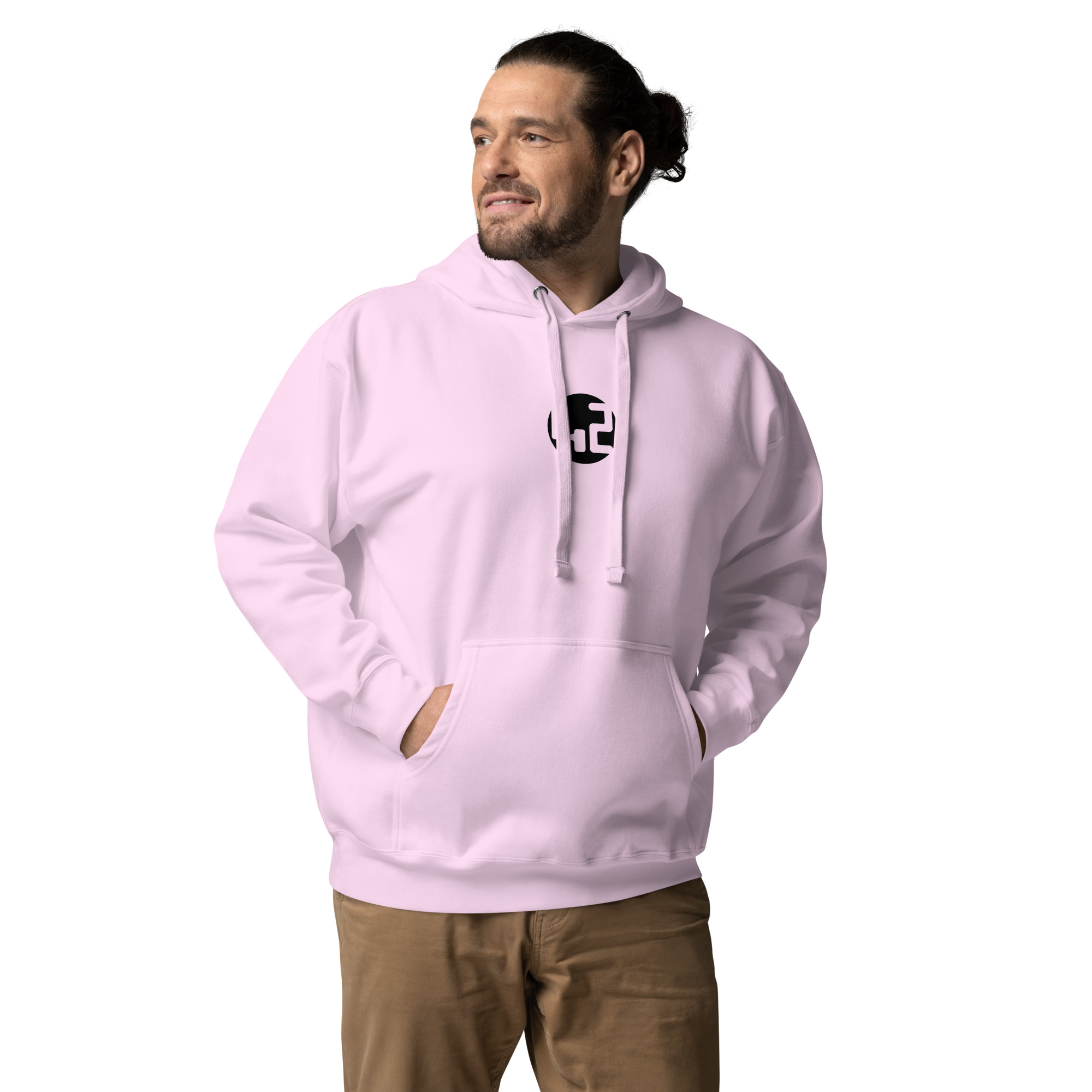 unisex hoodie Man in pink hoodie.