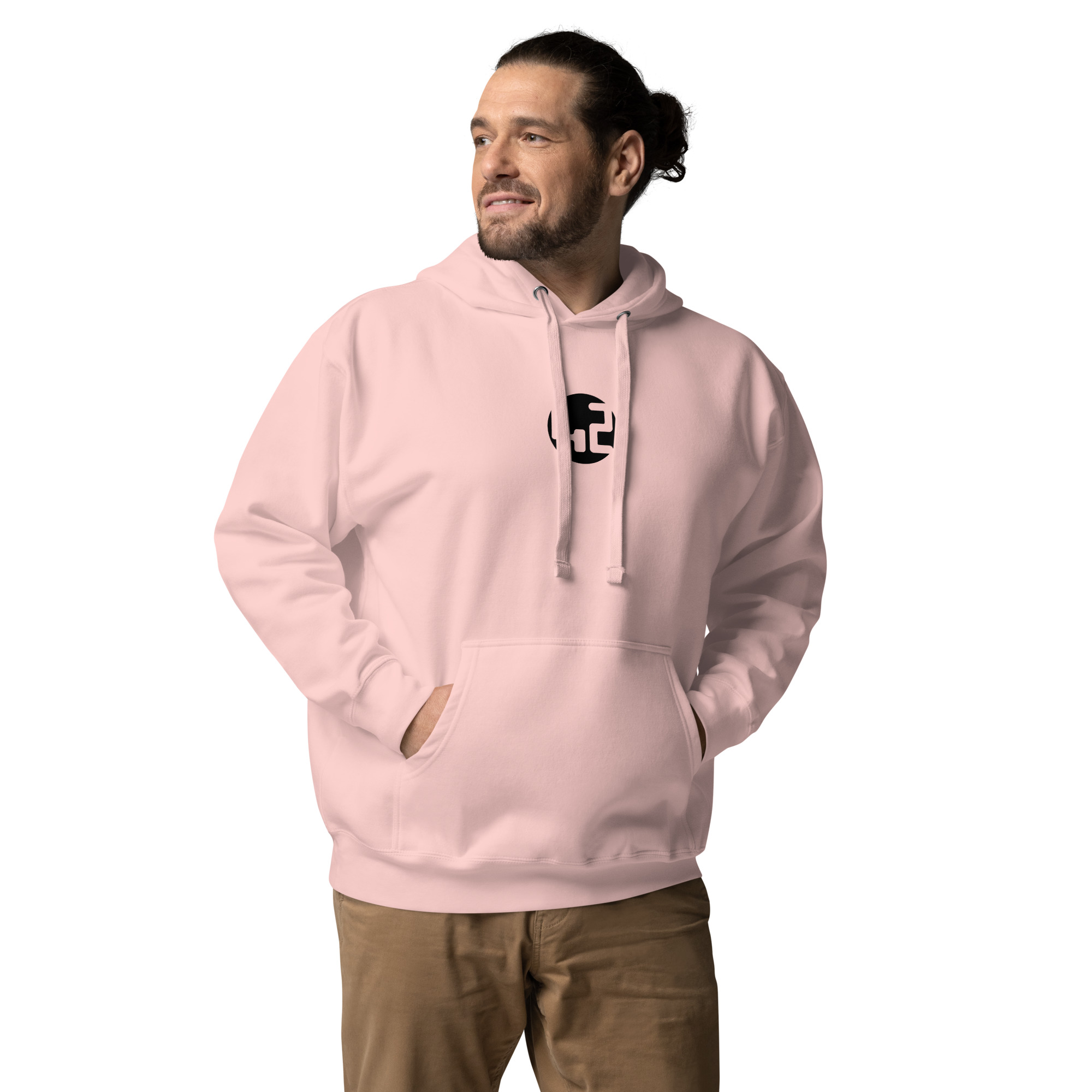 unisex hoodie Man in pink hoodie.