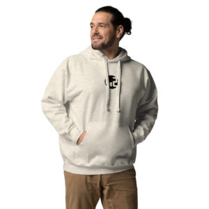 Man wearing light hoodie.