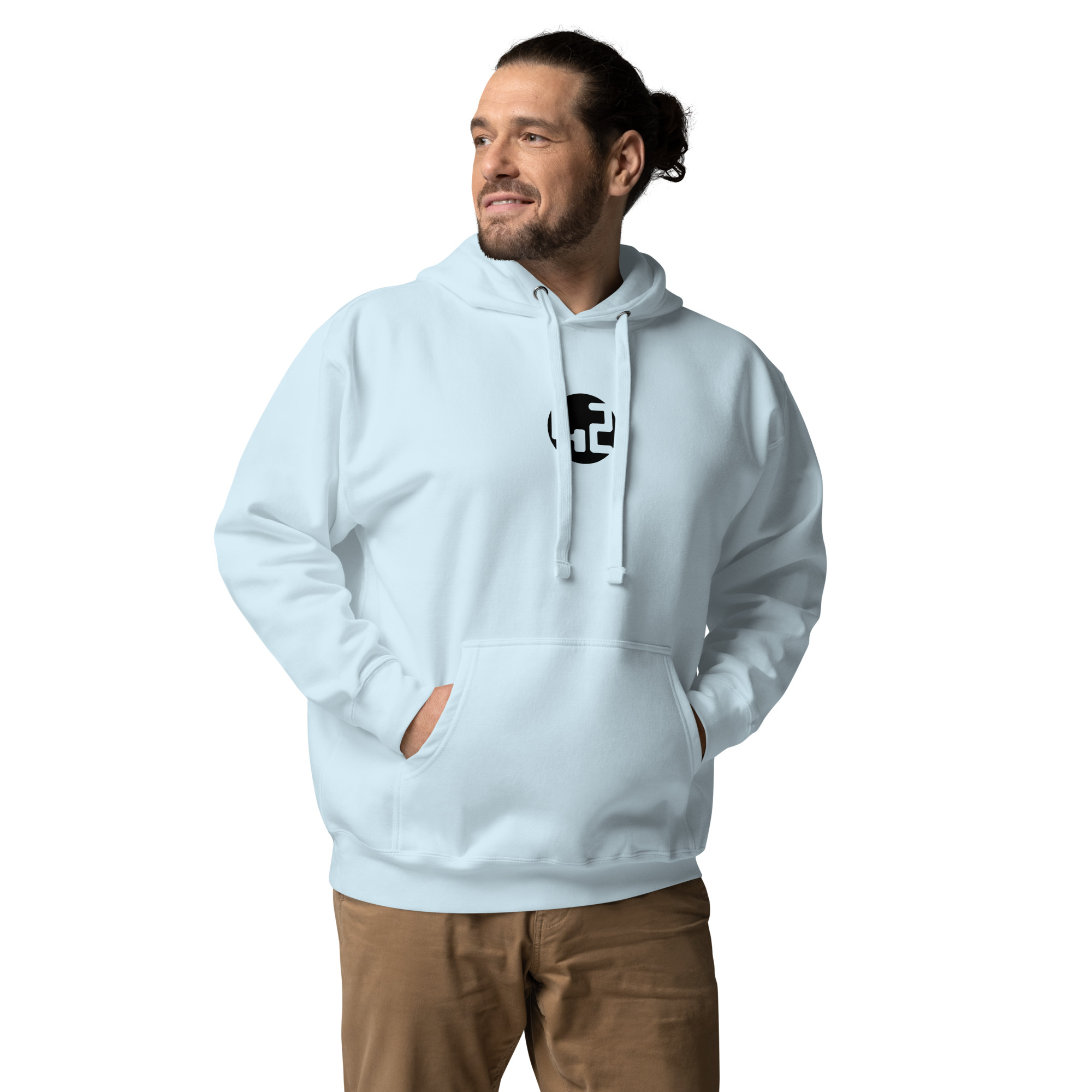 unisex hoodie Man in light blue hoodie
