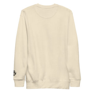 Cream colored sweatshirt with logo.