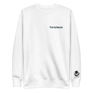 White sweatshirt with logo.