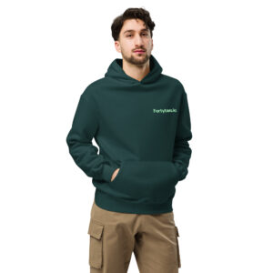 Green hoodie with logo.